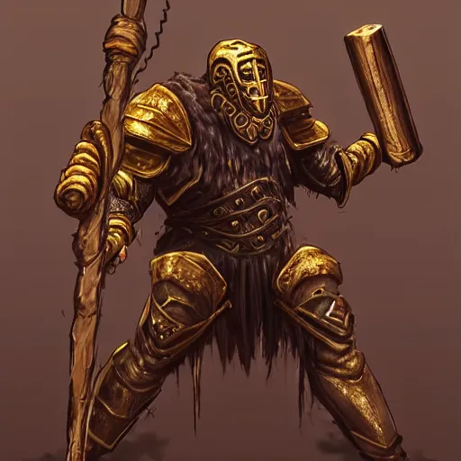 Image similar to Crippled giant using a rusty mace made of gold inside a hall. He is wearing broken armor with rusty jewelry, trending on artstation, fantasy, concept art