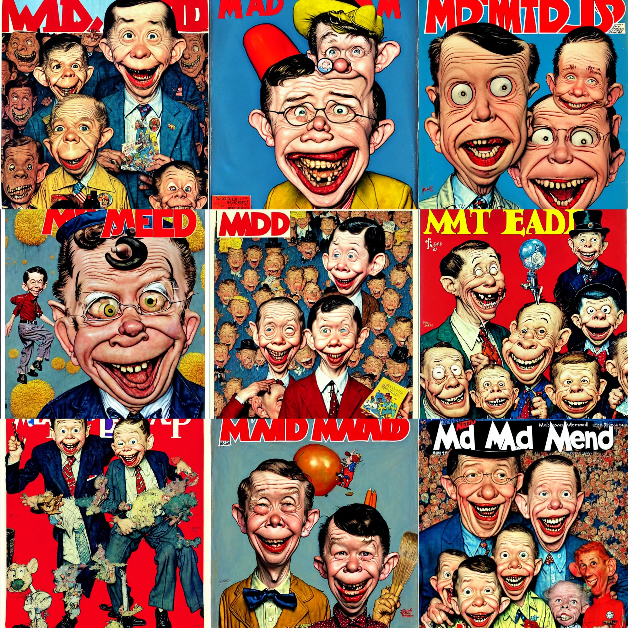 Prompt: alfred e neuman looking stupid on the cover of mad magazine, painting by james jean and don martin and norman rockwell, colorful, funny, comic, very very very stupid, even dumber