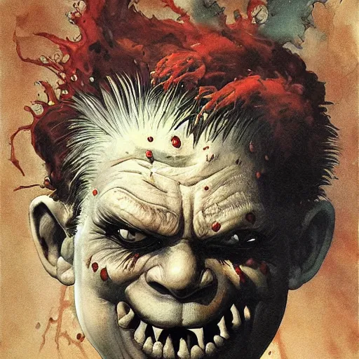 Image similar to monster makeup mask grinning one-eyed grimpunk vile reprobate portrait portrait Cyclops Cyclops Polyphemus shrek with tombow norman rockwell greg rutkowski frank frazetta alexandre briclot Dave Dorman splatterpaint