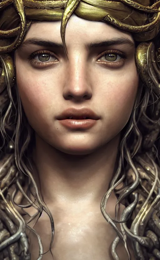 Prompt: ana de armas as medusa from greek mythology, photo realistic, hyperdetailed, 8 k realistic, frostbite 3 engine, cryengine, dof, trending on artstation, digital art