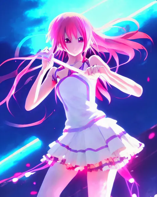 Image similar to anime style, vivid, expressive, full body, 4 k, painting, a cute magical girl idol with a long wavy hair wearing a dress fighting monsters, correct proportions, stunning, realistic light and shadow effects, neon lights, studio ghibly makoto shinkai yuji yamaguchi