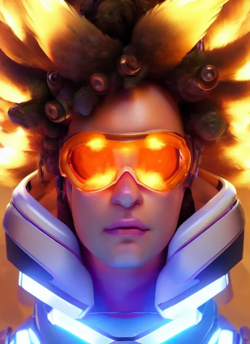 Image similar to glowwave portrait of curly orange hair man from overwatch, made of feathers mist and cloud, au naturel, hyper detailed, digital art, trending in artstation, cinematic lighting, studio quality, smooth render, unreal engine 5 rendered, octane rendered, art style by pixar dreamworks warner bros disney riot games and overwatch.