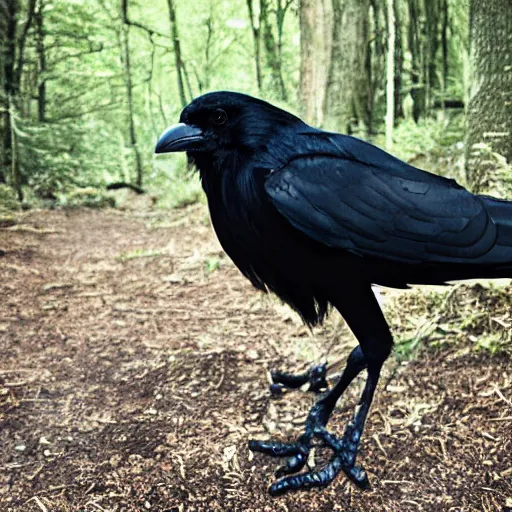 Image similar to crossbreed between a human male and crow, photograph captured in a forest