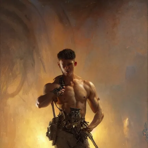 Prompt: handsome portrait of a young guy fitness posing, war hero, joyful, radiant light, caustics, by gaston bussiere, bayard wu, greg rutkowski, giger, maxim verehin