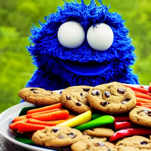 Prompt: The Cookie Monster eating a plate full of vegetables