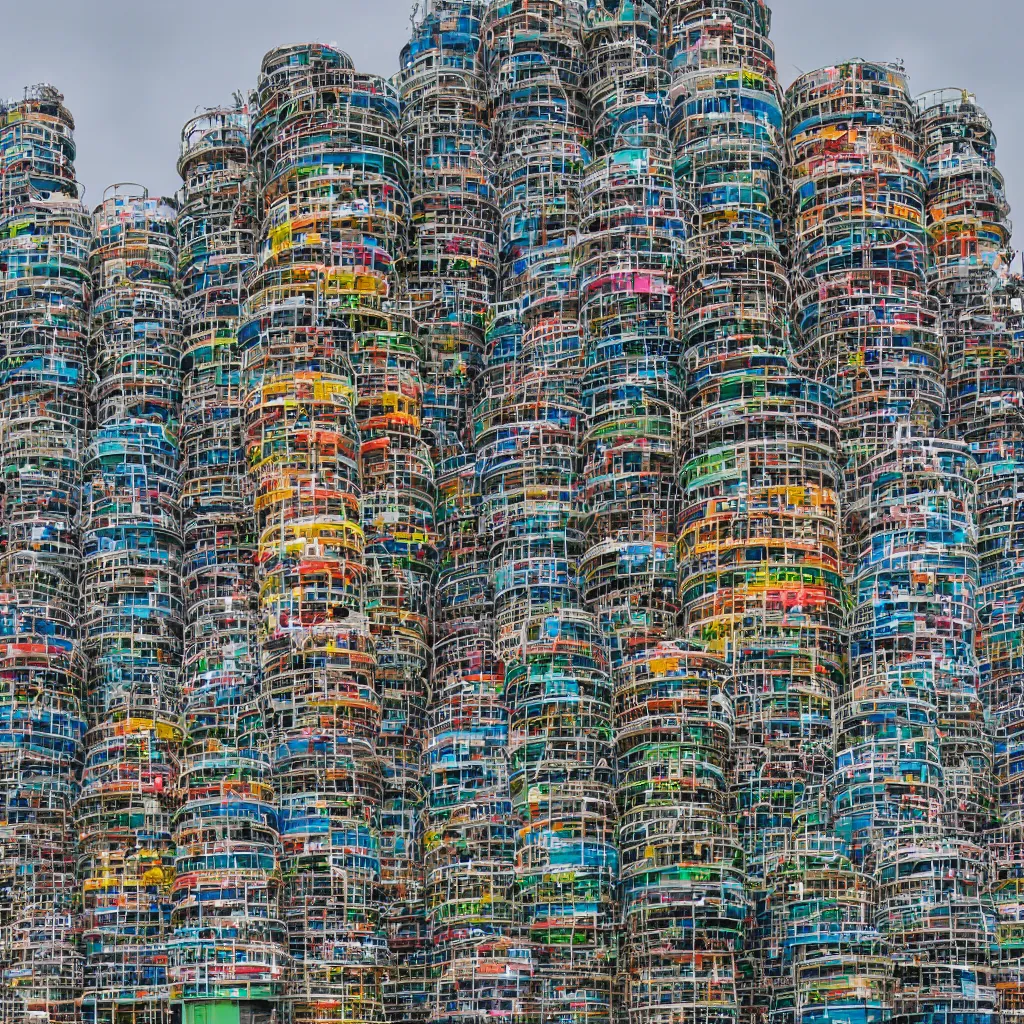 Image similar to a circular tower, made up of colourful makeshift squatter shacks, dystopia, sony a 7 r 3, f 1 1, fully frontal view, ultra detailed, photographed by hiroshi sugimoto,