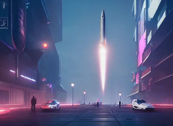 Image similar to blade runner 2 0 4 9 city architecture, spacex starship rocket launch, environmental lighting, stromy weather, ray tracing, people walking in street, amazing view, futuristic, highly detailed, editorial, dslr, 2 4 mm, octane render, unreal engine 5, artstation, 4 k
