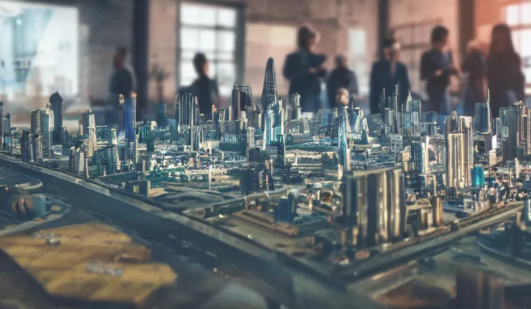 Image similar to group of people in simple warehouse, looking at hologram of futuristic city on a table, cinematic concept art, godrays, golden hour, natural sunlight, 4 k, clear details, tabletop model buildings, center model buildings, hologram center, crane shot, crane shot, crane shot