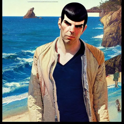 Image similar to portrait of ZACHARY QUINTO SPOCK posing for fashion magazine, beach, sun shining, (SFW) safe for work, photo realistic illustration by greg rutkowski, thomas kindkade, alphonse mucha, loish, norman rockwell