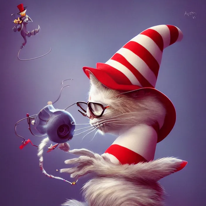 Image similar to complex 3 d render, hyper detailed, ultra sharp, cat in the hat, scary, cute, cinematic, steampunk, natural soft light, rim light, octane render, artstation, art by artgerm and greg rutkowski and alberto seveso, dr seuss