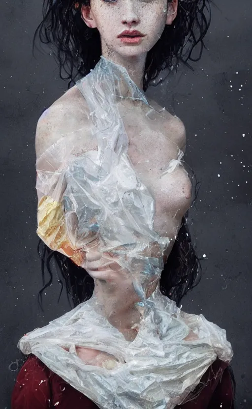 Prompt: half body portrait of juliana, in an outfit made from plastic bags, black hair, freckles, pale skin, photo by greg rutkowski, high fashion, androgyn teen model, intricate detail, elegance, sharp shapes, soft lighting, vibrant colors, masterpiece