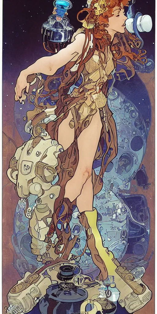 Image similar to a woman wearing outer space as a dress, pouring water from a vase into the milky way, by travis charest, by alphonse mucha, battle chasers.