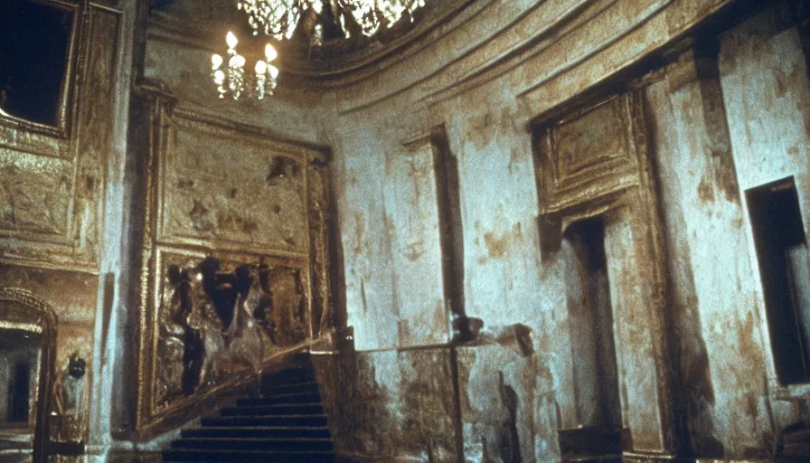 Prompt: movie still by tarkovsky of caligula knifed to death by senators on huge stairs, cinestill 8 0 0 t 3 5 mm, high quality, heavy grain, high detail, dramatic light, ultra wide lens, anamorphic
