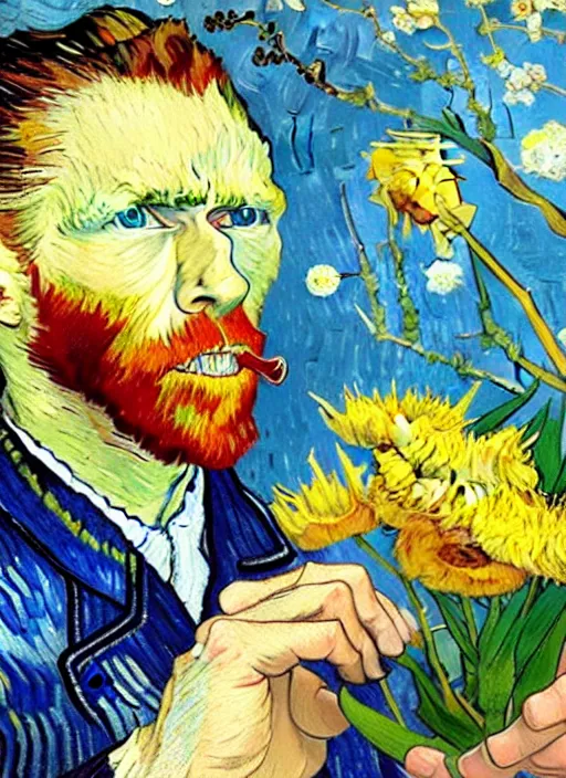 Image similar to hyper realistic vincent van gogh holding a flower drawn by chiara bautista and norman rockwell and greg rutkowski weta studio, and lucasfilm