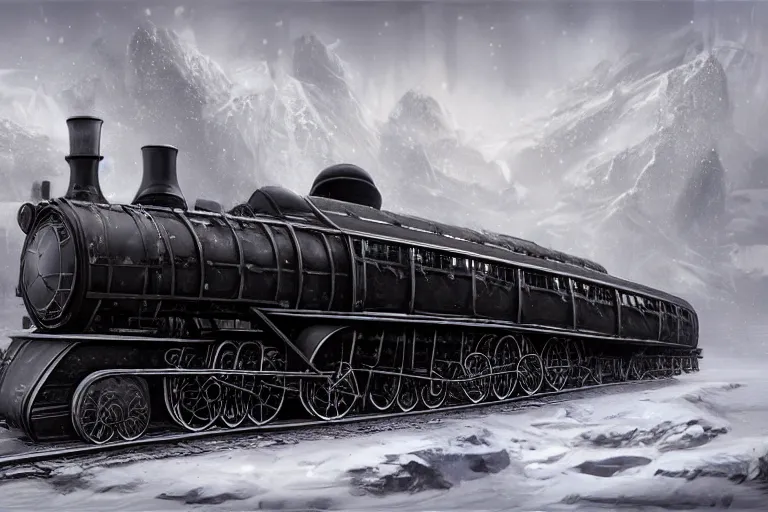 Image similar to a grand intricate futuristic black steam train, the train is themed after willy wonka and the chocolate factory, post - apocalyptic ice landscape in snowstorm, concept art, artstation, highly detailed, digital art