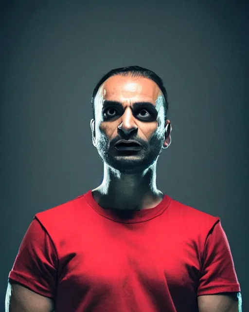 Image similar to Michael Mando as Nacho Varga in red shirt, backlit portrait, black background, cinematic lighting, atmospheric, digital artwork, best of artstation