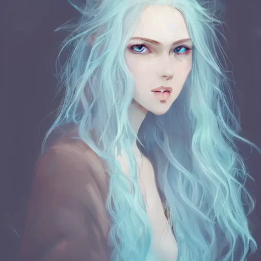 Image similar to woman, messy wavy white hair, light blue eyes, beautiful, portrait, d & d, character art, matte, sharp focus, illustration, concept art,