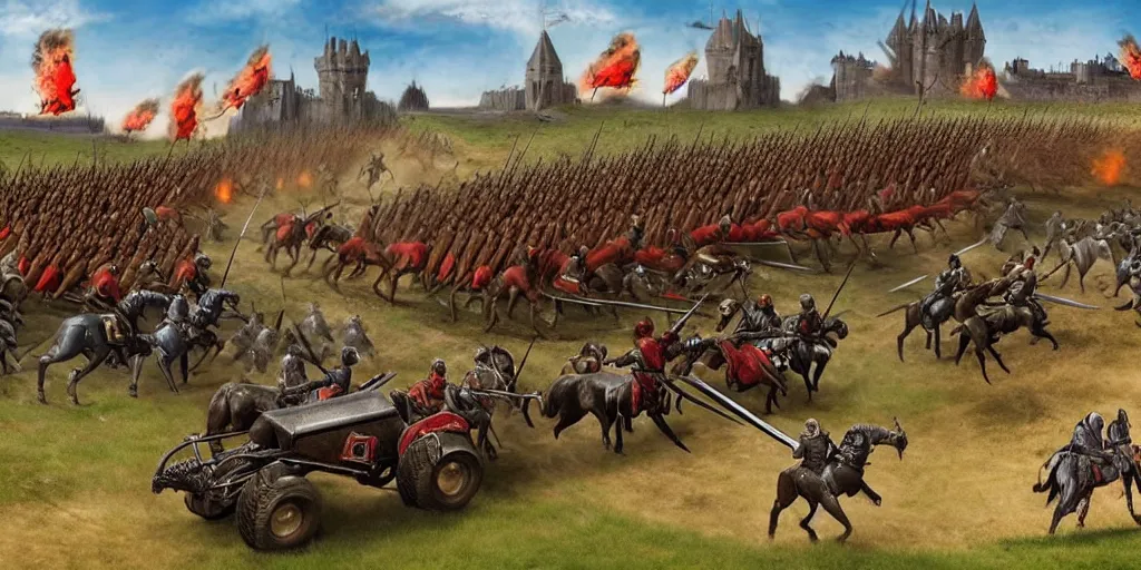 Image similar to medieval battlefield filled with cavalry fleeing from monster trucks!!!