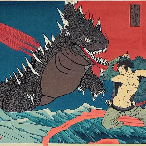 Prompt: godzilla fighting a gundam in kyoto in the style of hokusai