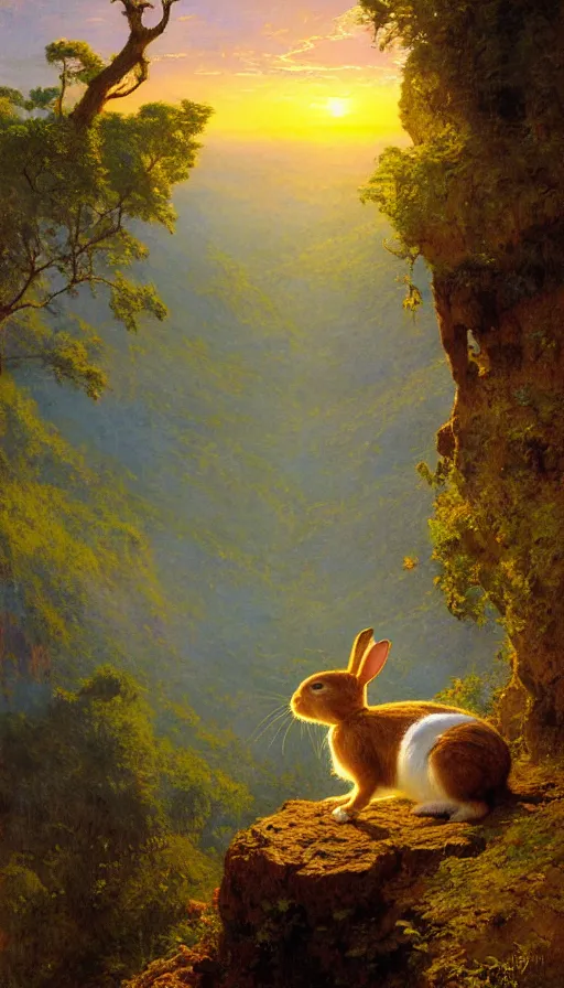 Image similar to hyper realistic rabbit looking off of a cliff, sun setting behind rabbit, lush forest in valley below, painted by james gurney, gaston bussiere, craig mullins, j. c. leyendecker 8 k