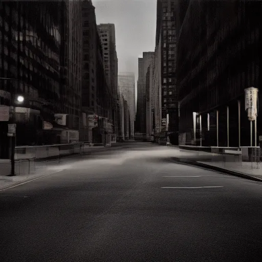 Image similar to color photograph, highly detailed abandoned New York city street at night after the war between humans and AIs, film grain, soft vignette, sigma 85mm f/1.4 1/10 sec shutter, film still promotional image, IMAX 70mm footage