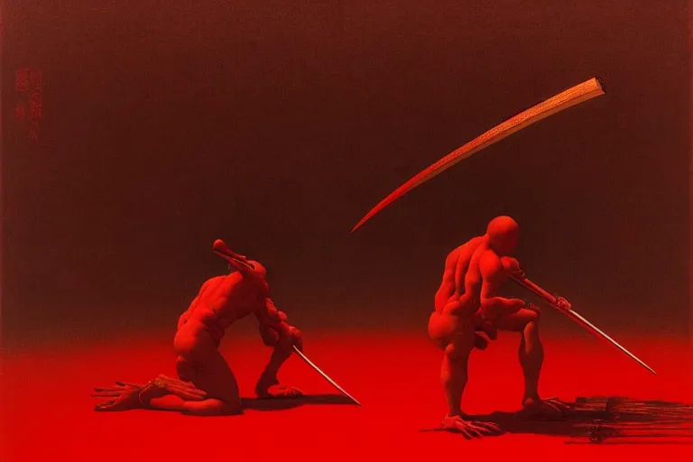 Image similar to only with red, a red samurai do seppuku, tokio, a lot of frogs watch, in the style of beksinski, parts by edward hopper, parts by rodcenko, parts by yue minjun, intricate and epic composition, red by caravaggio, insanely quality, highly detailed, masterpiece, red light, artstation, 4 k