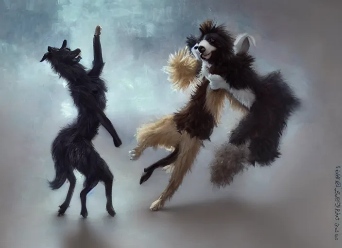 Image similar to wide shot painting of a male anthropomorphic border collie fursona dancing with a cute female anthropomorphic sheep fursona in a ballroom, beautiful, intricate, elegant, realistic proportions, highly detailed, scenic background, trending on artstation, art by charlie bowater and henry asencio and and ross tran