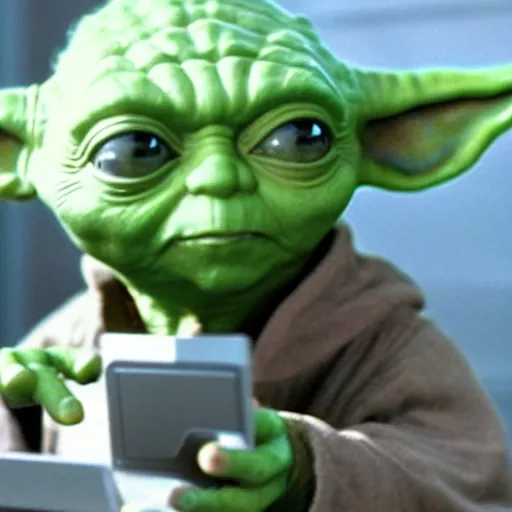 Prompt: yoda using computer