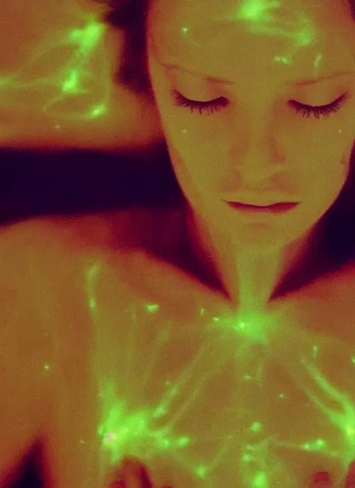Image similar to a symmetrical female astral projection, liquid glowing aura, out of body experience, heavenly, film grain, cinematic lighting, experimental film, shot on 1 6 mm