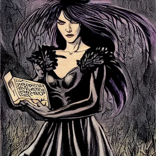 Prompt: young sad jennifer connelly as gothic dark fae disney villain with black feathers instead of hair, feathers growing out of skin, reading in library, pulp sci fi, mike mignola, david mack, romantic, comic book cover, vivid, beautiful, illustration, highly detailed