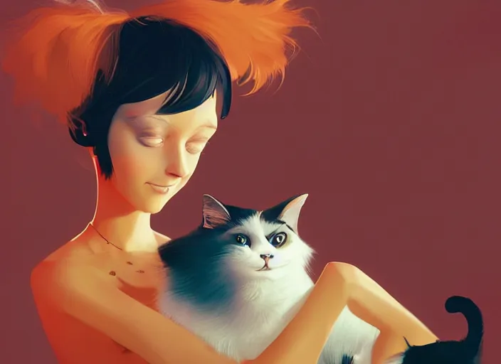 Image similar to a tomboy girl being happy with her cat. style by petros afshar, christopher balaskas, goro fujita, and rolf armstrong.