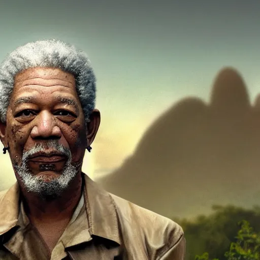 Image similar to an extremely detailed matte painting of a ridiculously good looking morgan freeman that looks like a jewish gigachad in the vietnam war, wearing a ballistic helmet from patton, long curly hair, camouflaged gear, very detailed, jungles of vietnam beautiful, intricate, cinematic, artstation, william bouguereau, alphonse mucha, greg rutkowski, stanley kubrick, octane render