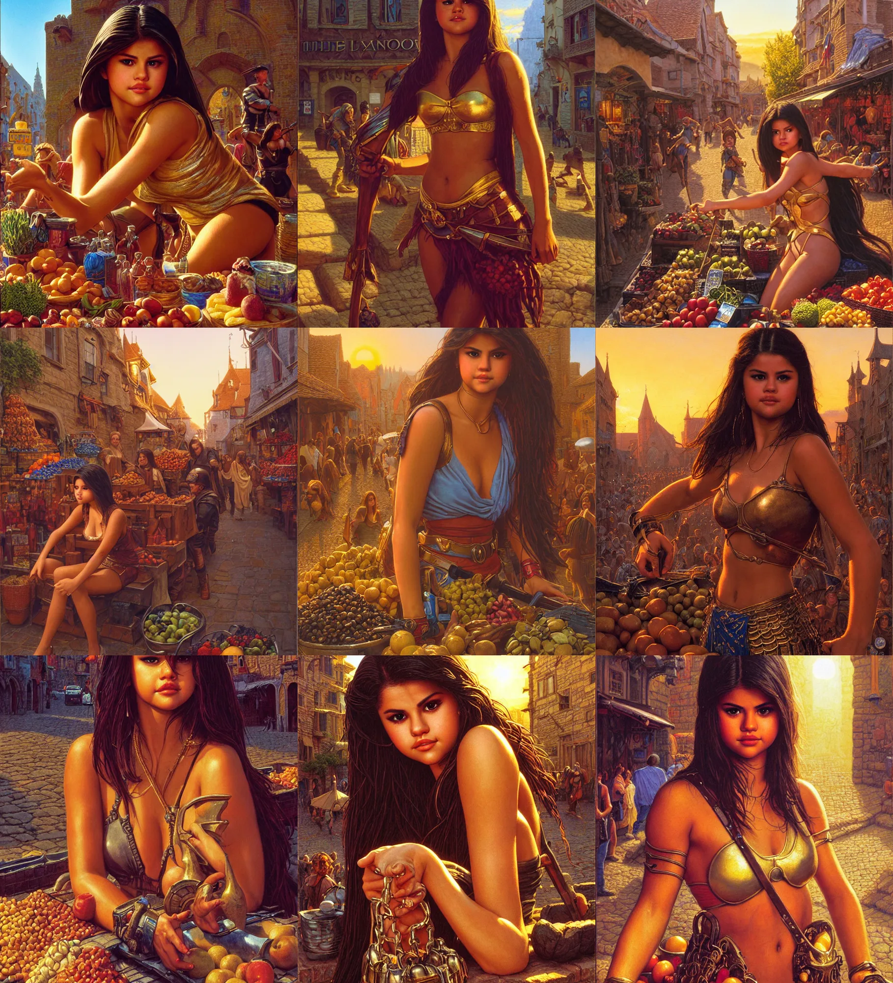 Prompt: close - up portrait of selena gomez as muscled warrior heroine chilling in a cobbled medieval shopping street, colored fruit stand, golden hour sun - rays, epic composition, 2 0 0 mm focal length, donato giancola, tim hildebrandt, wayne barlow, bruce pennington, larry elmore