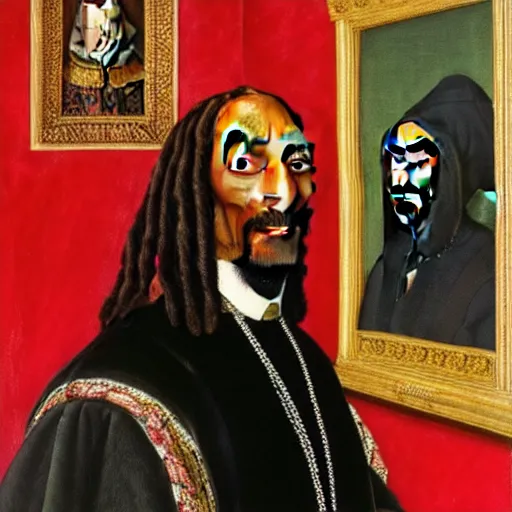 Image similar to a highly detailed portrait of snoop dogg, wearing elegant tudor clothes, inside a room with thick red tapestries, oil painting by hans holbein and alessandro allori and richard burbage