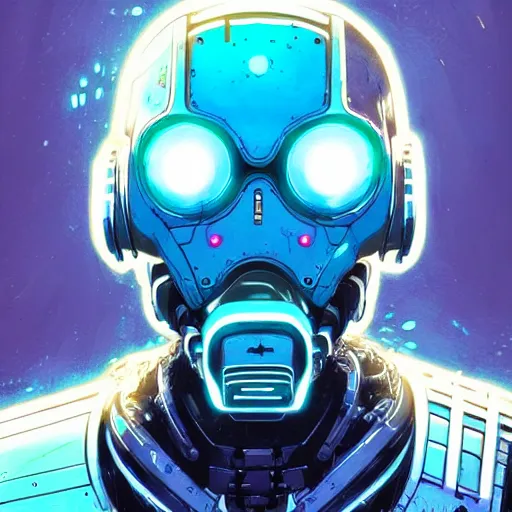 Image similar to cell shaded portrait of a cybernetic blue bald soldier with glowing blue eyes as Borderlands 3 concept art, llustration, post grunge, concept art by josan gonzales and wlop, by james jean, Victo ngai, David Rubín, Mike Mignola, Laurie Greasley, highly detailed, sharp focus,alien,Trending on Artstation, HQ, deviantart, art by artgem