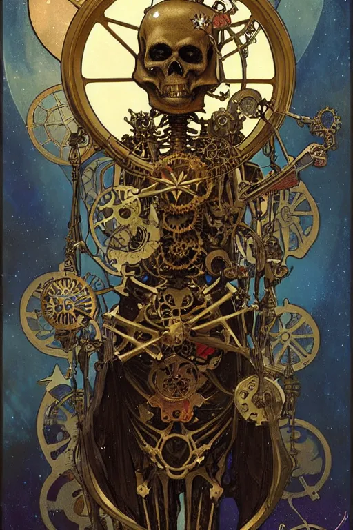 Image similar to a steampunk skeleton holding a star, tarot art, painting by greg rutkowski, alphonse mucha