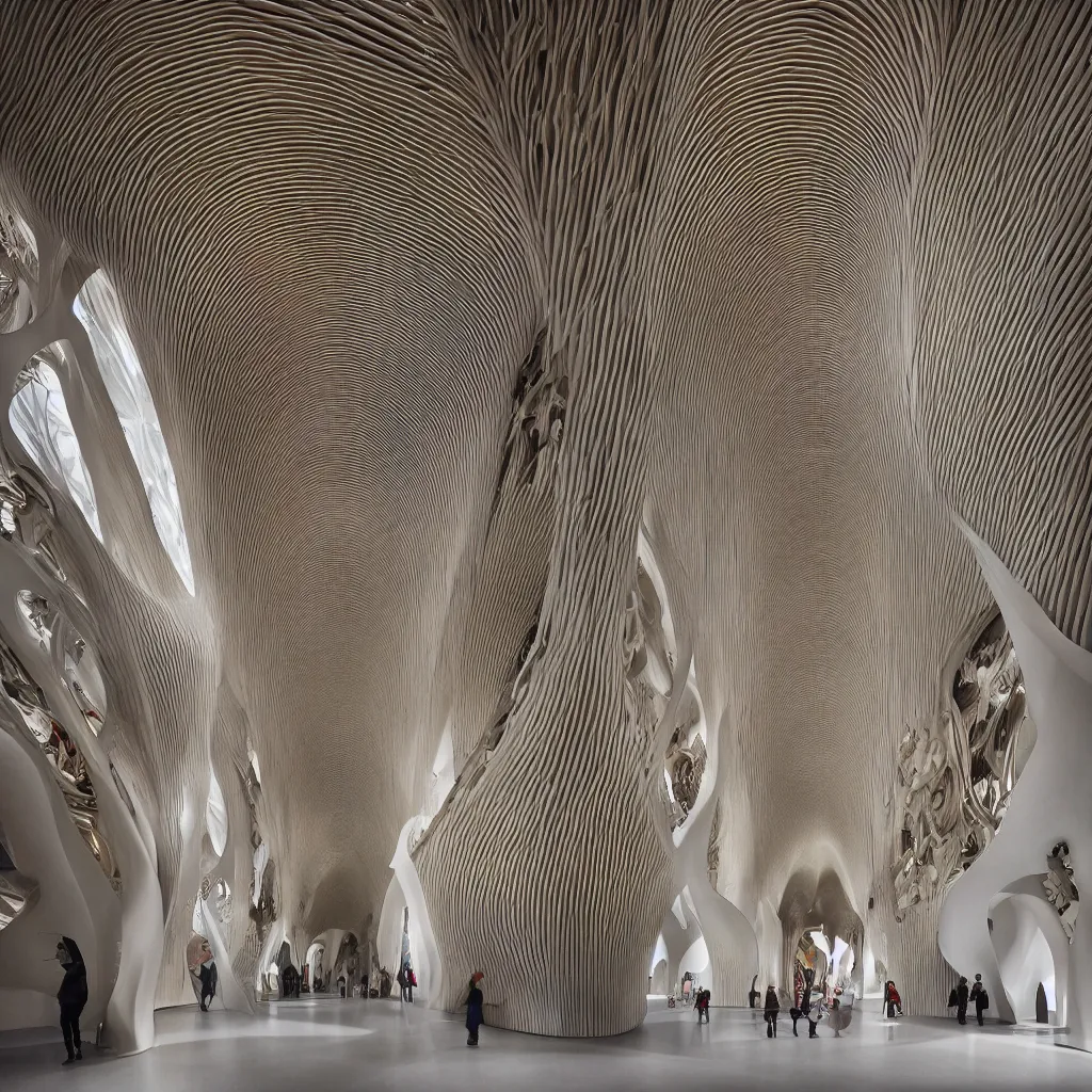 Prompt: “ walking inside a visually impressive neo gothic baroque museum of happy emotions designed by zaha hadid and toyo ito, clean lines and smooth curves, highly satisfying, highly detailed in 4 k ”