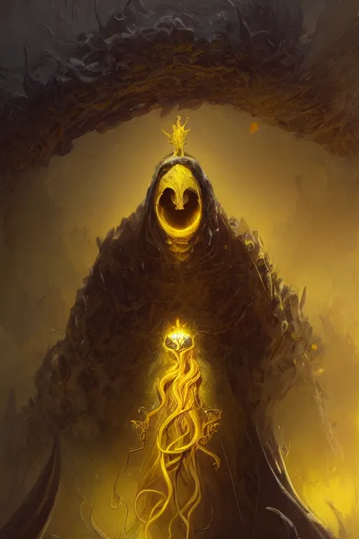 Prompt: A full body portrait of a mysterious character with no face with a very long hooded yellow cloak, a golden crown floating above his head, tentacles coming out the ground art by Marc Simonetti and peter mohrbacher, sharp focus, ominous, cosmic horror, trending on artstation, Ultra detailed, hyper realistic 4k