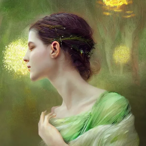 Image similar to Goddess of Spring, green-eyes, gorgeous portrait, intricate, elegant, volumetric lighting, scenery, digital painting, highly detailed, artstation, sharp focus, illustration, concept art, ruan jia, steve mccurry