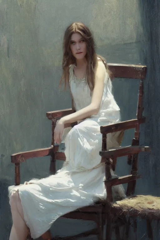 Prompt: girl with long hair, summer dress, sitting on designer chair, dramatic light, cinematic, 8 k, by jeremy lipking, jeremy mann, ron hicks, casey baugh