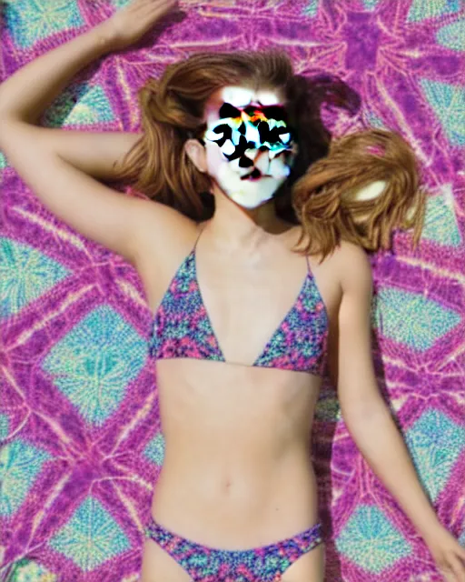 Image similar to Emma Watson for Victorian Secret, perfect face, hot summertime hippie, psychedelic swimsuit, in a sun lounger, pool, cloudy day, full length shot, shooting angle from below, XF IQ4, 150MP, 50mm, f/1.4, ISO 150, 1/250s, natural light, Adobe Photoshop, Adobe Lightroom, DxO Photolab, Corel PaintShop Pro, rule of thirds, symmetrical balance, depth layering, Sense of Depth