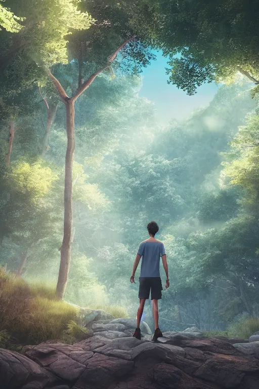 Image similar to young man with wavy back shoulder length hair, plain cotton shorts, back view, trees, detailed forest background, webtoon, breathtaking scenery, colourful, 8 k, graphic novel, digital art trending on artstation, volumetric lighting, octane render, cinematic, hyper detailed, magical atmosphere