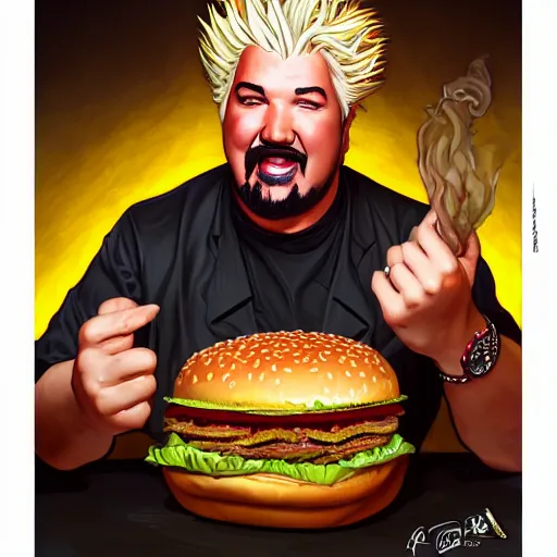 Image similar to portrait of guy fieri eating giant hamburgers, big macs with extra bacon lettuce tomato, ethereal, handsome, d & d, fantasy, intricate, elegant, highly detailed, digital painting, artstation, concept art, matte, sharp focus, illustration, art by artgerm and greg rutkowski and alphonse mucha