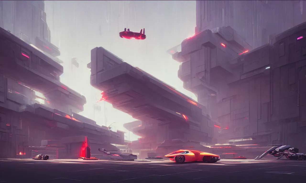 Image similar to simple brutalist architecture, colorful neon lighting, flying vehicles, greg rutkowski, syd mead, ralph mcquarrie, concept art, matte painting, highly detailed, rule of thirds, dynamic lighting, cinematic, detailed, denoised, centered