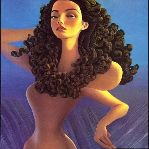 Prompt: a oil painting of a fair skin with dark curly stylised hair queen wearing dress, by hans emmenegger, by bruce pennington, by eyvind earle, by nicholas roerich, by georgia o keeffe, highly detailed, realistic, concept art, jewels, tiles curtains, oriental, desaturated