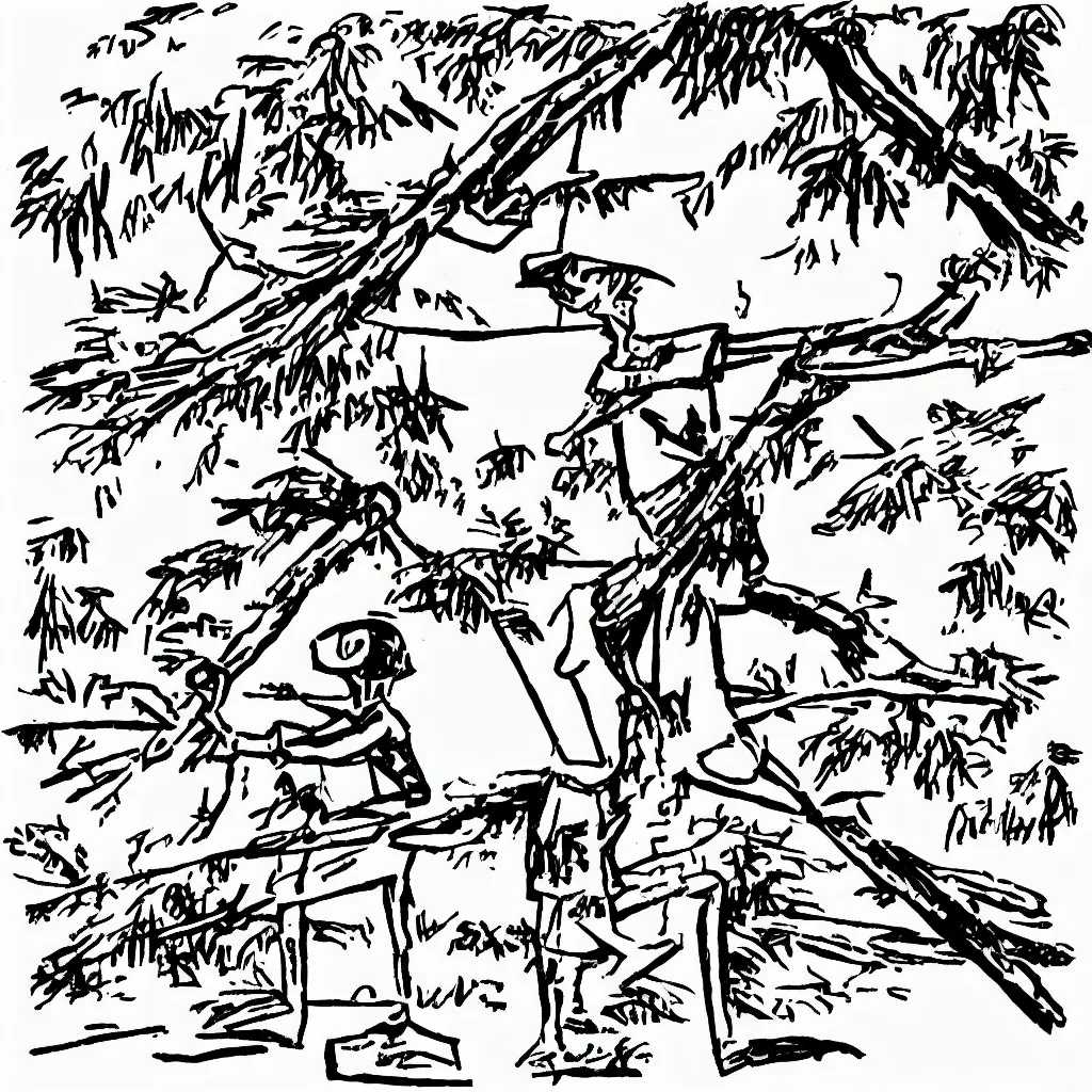 Image similar to xkcd style illustration of a stick figure, trying to chop a tree with a blunt axe.