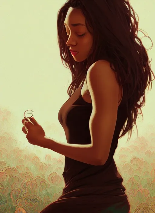 Image similar to handsome black young women with shoulder length brown hair, half body shot, path traced, highly detailed, high quality, digital painting, alena aenami, lilia alvarado, shinji aramaki, karol bak, alphonse mucha, tom bagshaw