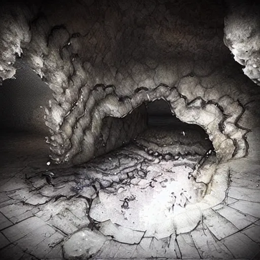 Prompt: “the peristalsis of the icy worm caves, realistic render, grime, grotesque, dark, vivid”