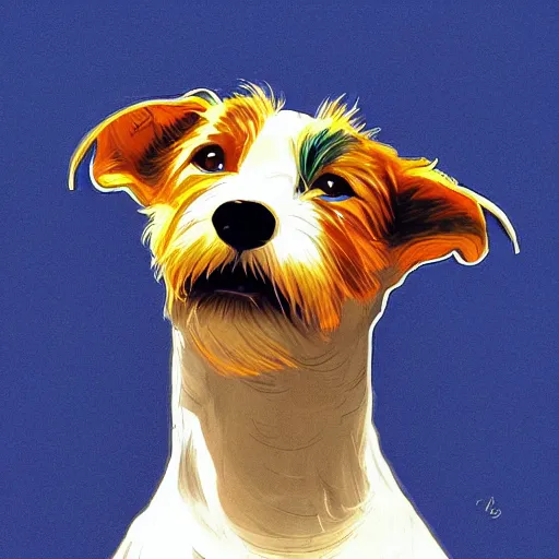 Prompt: portrait of a Jack Russell Terrier wearing blue and yellow, fantasy, intricate, elegant, highly detailed, digital painting, artstation, concept art, smooth, sharp focus, illustration, art by artgerm and greg rutkowski and alphonse mucha