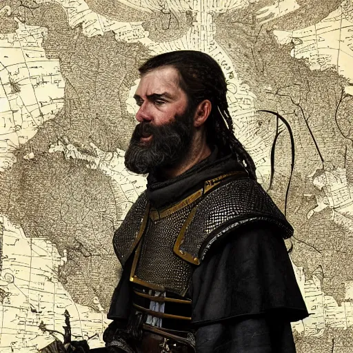 Image similar to Closeup of frustrated male medieval lieutenant with a {short} beard wearing a black!!!! and yellow tabard over a steel breastplate and a black gambeson looking up from a map on a table, intricate, dramatic lighting illustration by Greg Rutkowski, ArtStation, digital art, fantasy